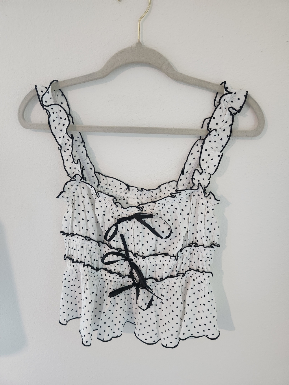 White Polka Dot Baby Doll Ruffle Crop Top with Black Trim And Bows
